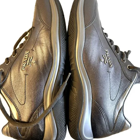Authentic Prada Women Silver and Gray Leather Sneaker EU 38.5 Made in Italy - Picture 9 of 10